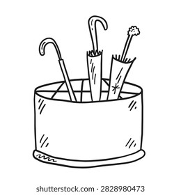 A simple black and white line drawing depicting a cylindrical umbrella holder containing three folded umbrellas.