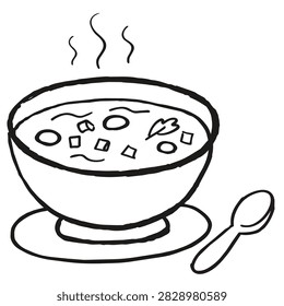A simple black and white line drawing of a steaming bowl of vegetable soup with a spoon on the side for a coloring page.