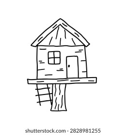 A simple black and white line drawing of a rustic treehouse featuring a door, a window, and a small ladder, isolated on a white background.