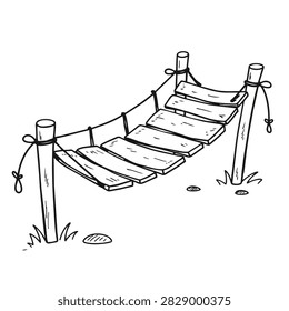 A simple black and white line drawing of a small suspension bridge made of wooden planks and rope held by two posts