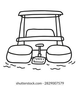 A simple black and white line drawing of a pedal boat floating on water, featuring a steering handle and seating area.