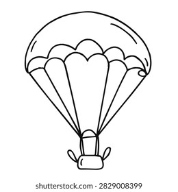 A simple black and white line drawing of a parachute descending with a small cargo container attached.
