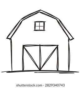 A simple black and white line drawing of a classic farm barn with a gambrel roof and double doors.