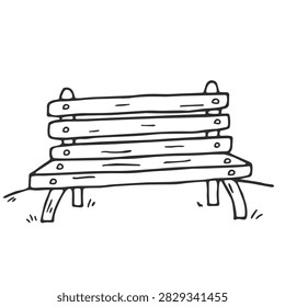 A simple black and white line drawing of a classic wooden park bench with four slats on the backrest and a solid seat