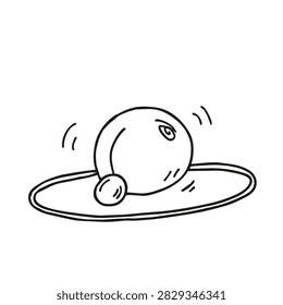 A simple black and white line drawing of a small round object sitting next to a larger spherical object, both resting on a flat oval platform.