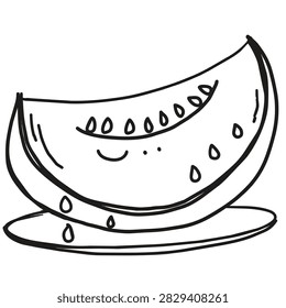 A simple black and white line drawing of a happy watermelon slice sitting on a small plate
