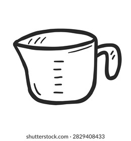 A simple black and white line drawing of a kitchen measuring cup with volume markings