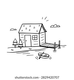 A simple black and white line drawing of a rustic cabin, a small pier, and a rowing boat on a peaceful lakeside setting.