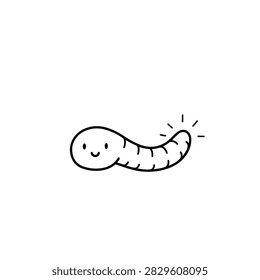 A simple black and white line drawing of a cute smiling worm character with a glowing tail segment isolated on a white background.