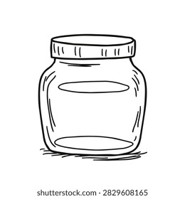 A simple black and white line drawing of a small glass jar or container with a screw top lid isolated on a white background