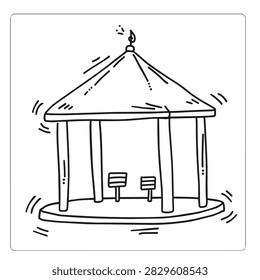 A simple black and white line drawing of a gazebo with a conical roof and supporting pillars on a circular platform