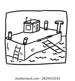 A simple black and white line drawing of a rectangular floating platform or dock on water featuring a small cabin, a ladder, and a gangway ramp.