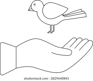 A simple black and white line drawing depicts a small bird in flight above an open palm, symbolizing care and freedom.