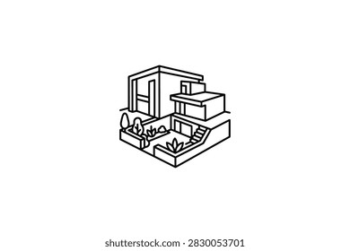 A simple black and white line drawing depicting a modern house with geometric architecture and a landscaped yard in an isometric perspective.