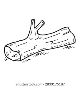 A simple black and white line drawing of a fallen wooden log with a small branch sticking out on a white background