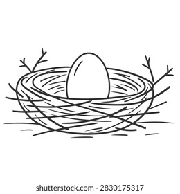 A simple black and white line drawing of a lone bird egg sitting in the center of a woven twig nest isolated on a white background