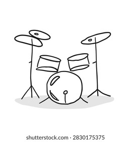 A simple black and white line drawing of a basic drum set with cymbals on a white background