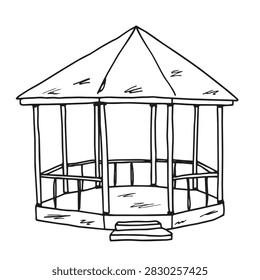 A simple black and white line drawing of a classic hexagonal gazebo with a roof and small entrance steps
