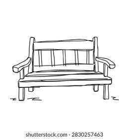 A simple black and white line drawing of a classic park or garden bench with a slatted backrest and armrests.
