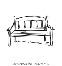 A simple black and white line drawing of a traditional wooden park bench with a slatted backrest and armrests.