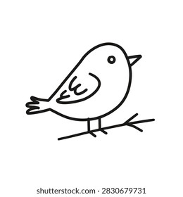 A simple black and white line drawing of a cute little bird sitting on a twig, featuring clean outlines and a minimalist artistic style.