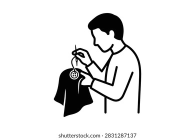 A simple black and white line drawing of a man concentrating as he sews a button onto a piece of cloth using a needle and thread