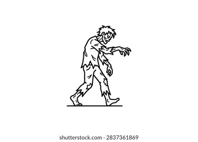 A simple black and white line drawing of a shambling zombie figure in a walking pose isolated on a white background