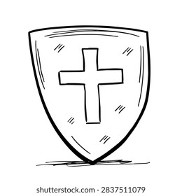 A simple black and white line drawing of a knight shield featuring a Christian cross, isolated on a white background.