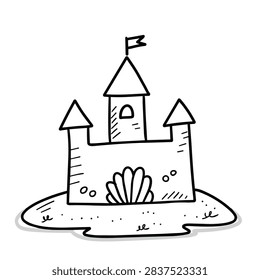 A simple black and white line drawing of a castle made of sand with towers a flag and a seashell decoration on a sandy beach base