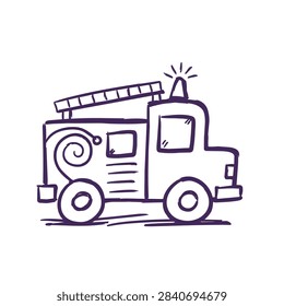 A simple black and white line drawing of a fire engine with a ladder and hose, isolated on a white background.