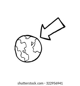simple black and white line drawing cartoon  arrow pointing at earth