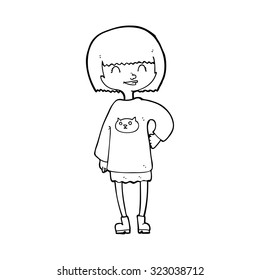 dibujo de línea simple en blanco y negro dibujos animados chica feliz