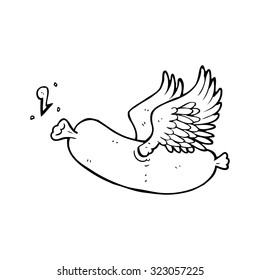 simple black and white line drawing cartoon  flying sausage