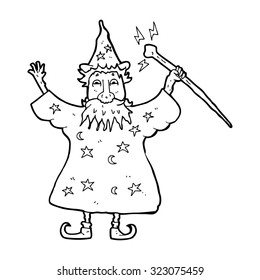 simple black and white line drawing cartoon  wizard