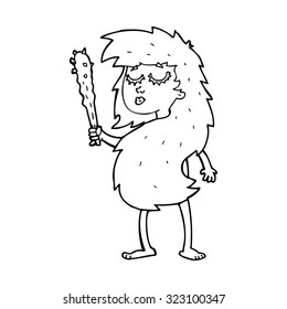 dibujo de línea simple en blanco y negro dibujos animados mujer caverna