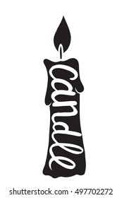 simple black and white line drawing cartoon candle with text inside