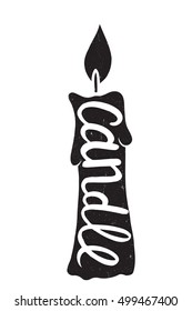 simple black and white line drawing cartoon candle with text inside