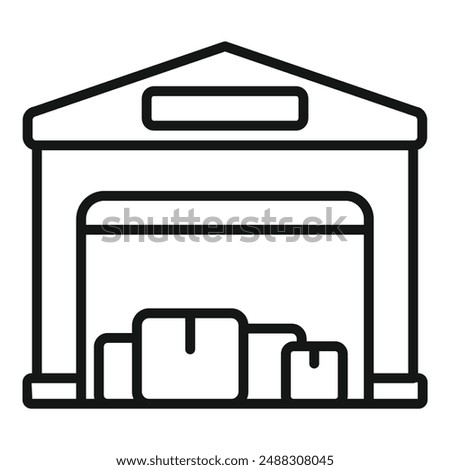 Simple black and white line drawing of a storage facility with parcels at the entrance