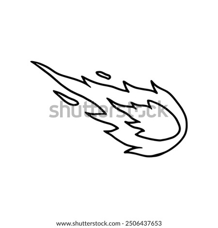 A simple black and white line drawing of a flaming comet streaking through space.