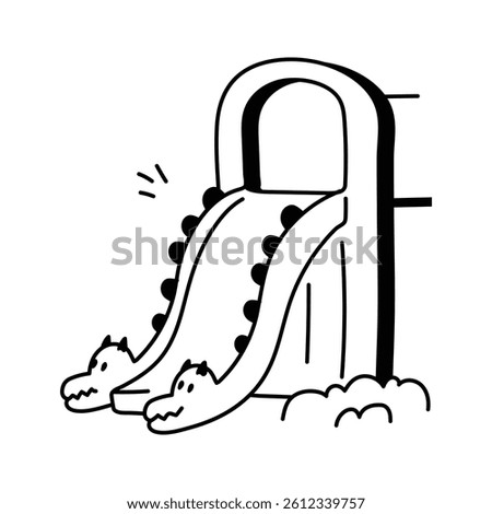 A simple, black and white line drawing of a child's slide with a fun, cartoonish design