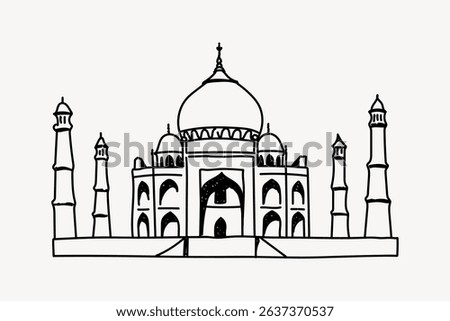 Simple black and white line drawing of the Taj Mahal. Iconic architecture with domes and minarets. Minimalist Taj Mahal illustration on a plain background. Line art illustration vector.