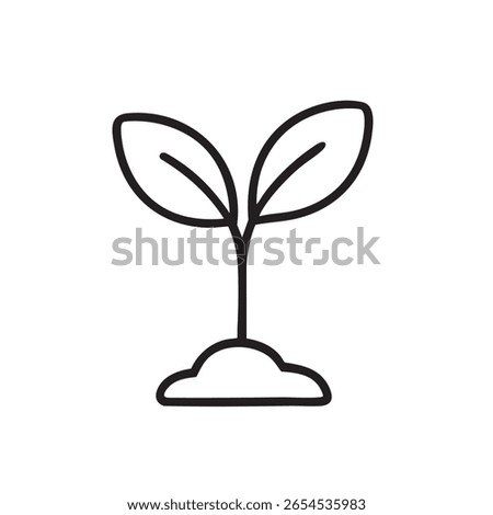 A simple, black and white line drawing of a small plant sprout emerging from a mound of soil.