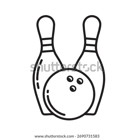 A simple black and white line drawing of a bowling ball positioned in front of two bowling pins, symbolizing the sport of bowling and its associated equipment.