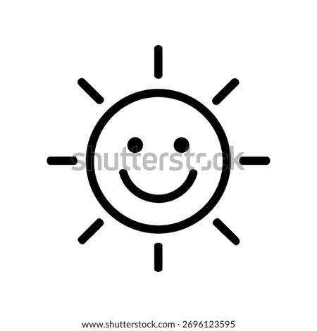 A simple black and white line drawing of a smiling sun with a happy face, radiating warmth and joy. This icon is perfect for representing sunny weather, positive emotions, and bright days