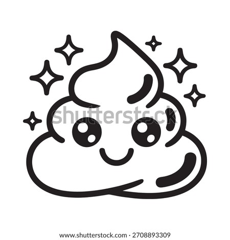 A simple black and white line drawing of a happy, smiling poop emoji surrounded by sparkling stars.