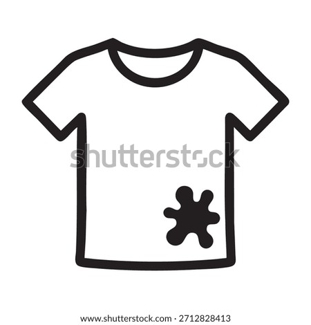 A simple black and white line drawing depicts a t shirt with a noticeable stain on the front