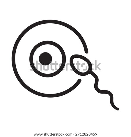 Simple black and white line drawing depicting a sperm cell approaching an egg cell symbolizing reproduction