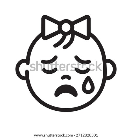 A simple black and white line drawing depicts a crying baby s face with a bow on its head