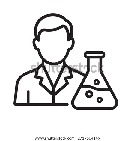 A simple black and white line drawing depicts a scientist holding a conical flask in a laboratory setting