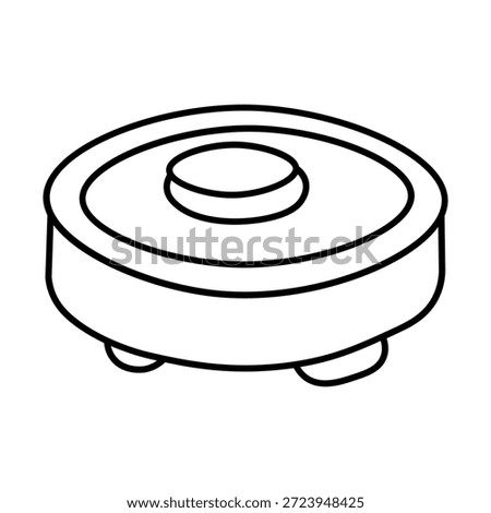 A simple black and white line drawing of a round object with a raised center and three small legs. The object appears to be a stylized representation of a pot or container.